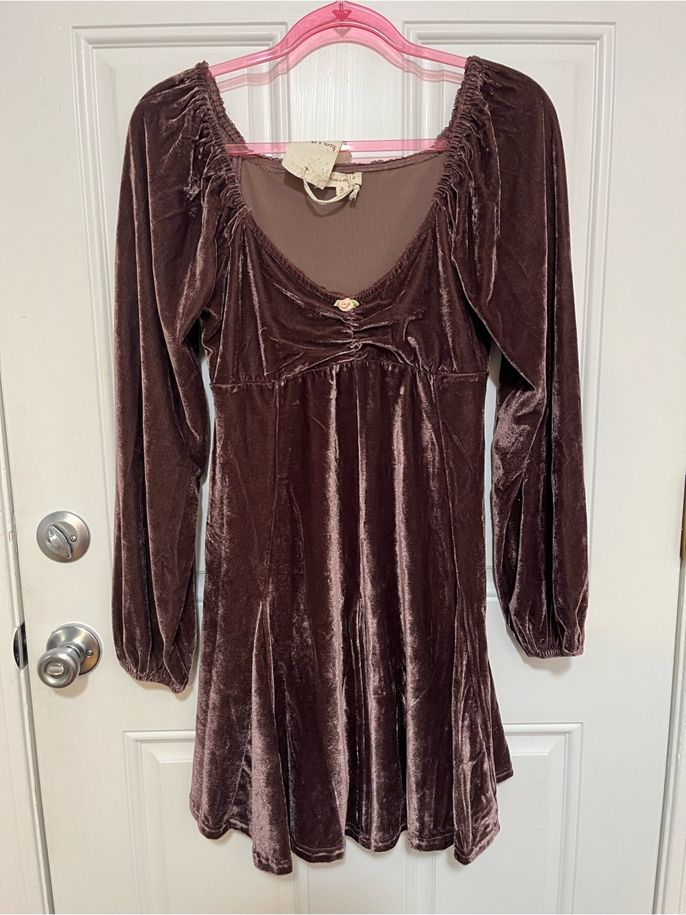 Hem & Thread Chocolate Brown Velvet Long Sleeve Mini Dress